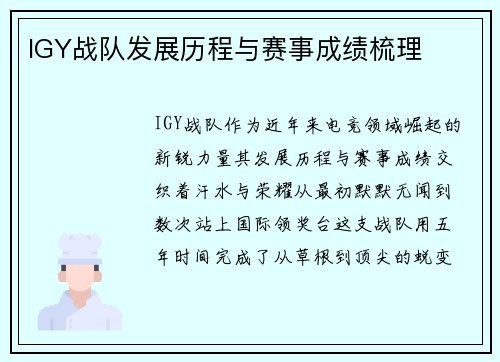 IGY战队发展历程与赛事成绩梳理