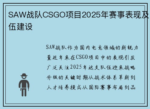 SAW战队CSGO项目2025年赛事表现及队伍建设