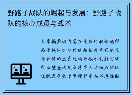 野路子战队的崛起与发展：野路子战队的核心成员与战术